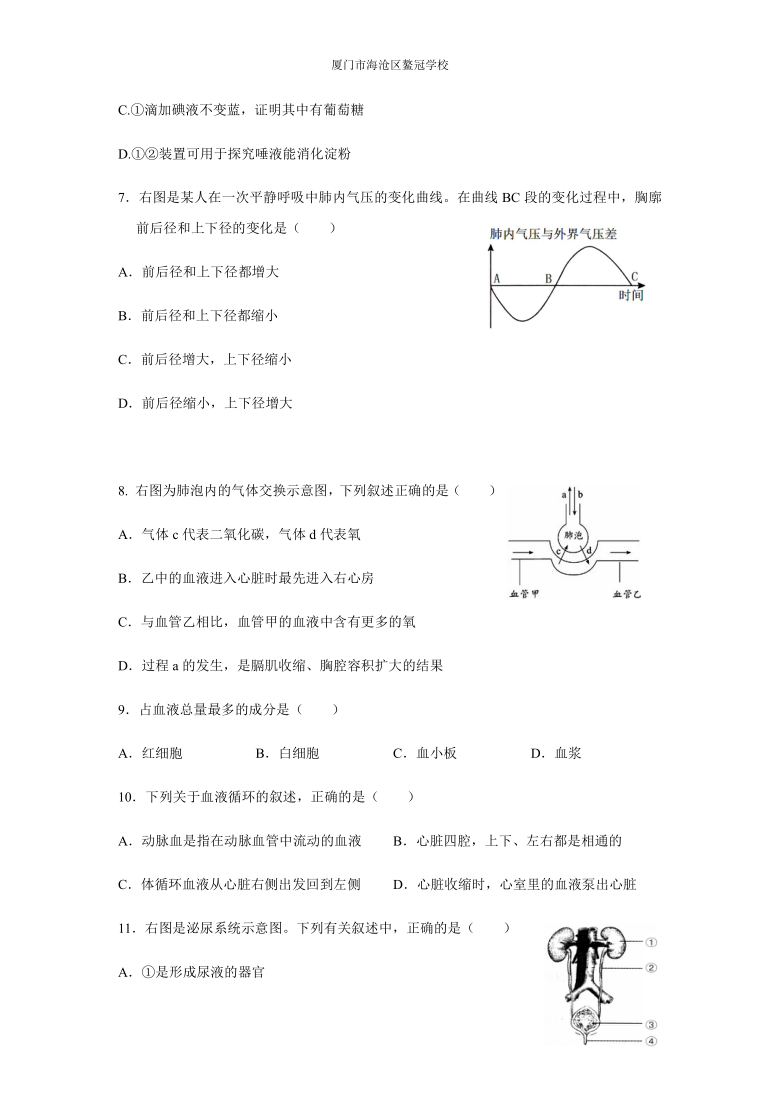 福建省厦门市海沧区鳌冠学校2020-2021学年第一学期八年级生物开学考试试题（word版，无答案）