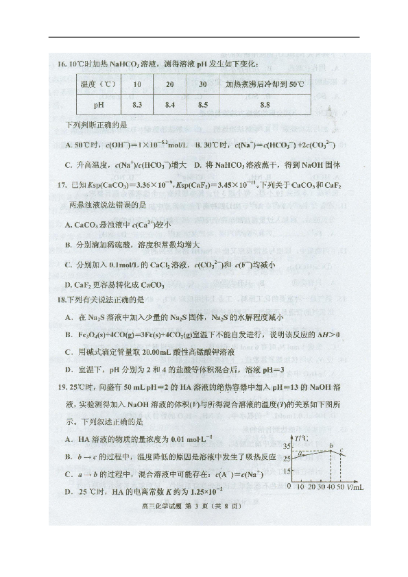 吉林省吉林市普通中学2019届高中毕业班第一次调研测试化学试题（图片版，无答案）