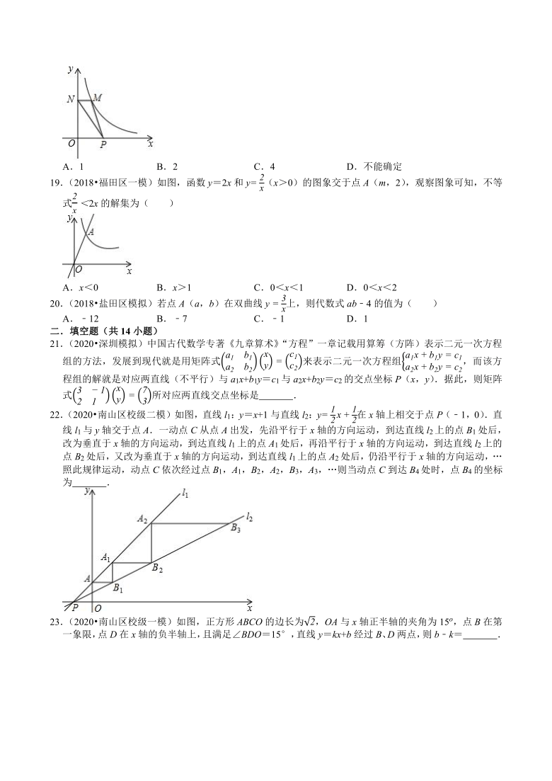 2018-2020年广东省深圳市中考数学复习模拟试题分类3一次函数与反比例函数（Word版含解析）