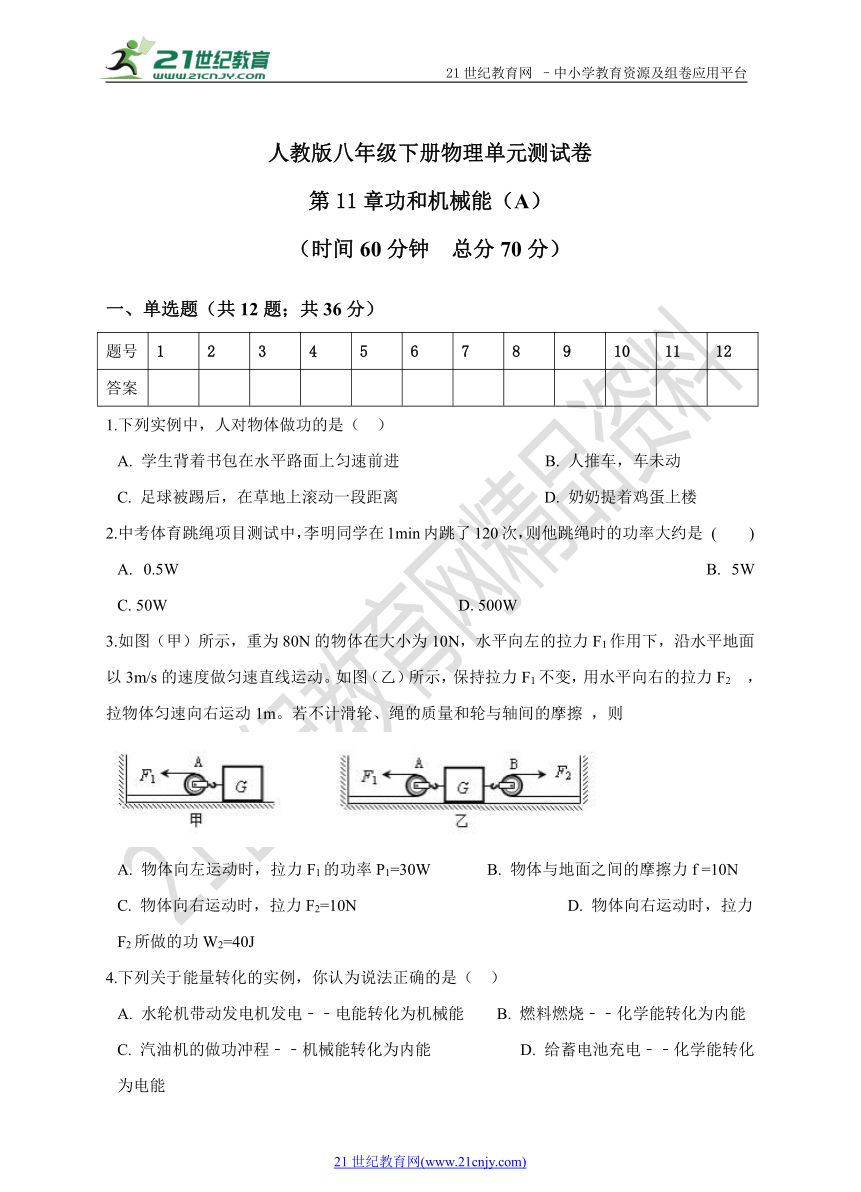 人教版物理八年级下册第十一章 功和机械能单元测试卷 （A）