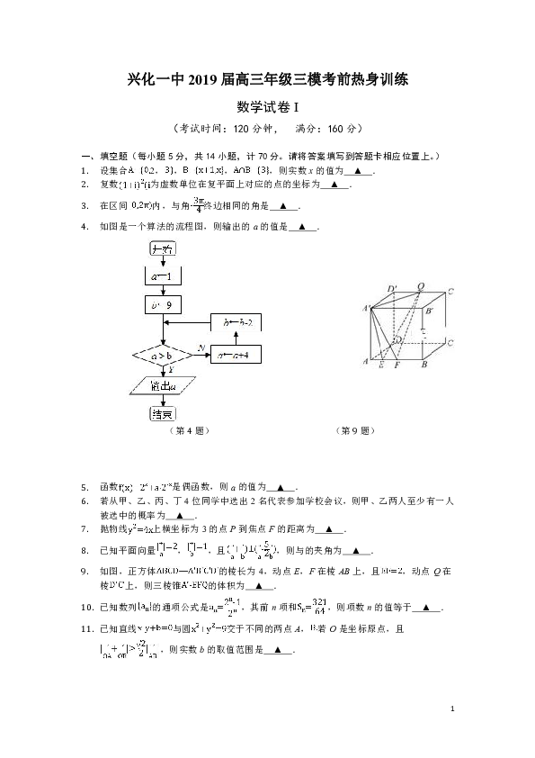江苏省兴化市第一中学2019届高三三模考前热身训练数学（理）试题I（Word版）