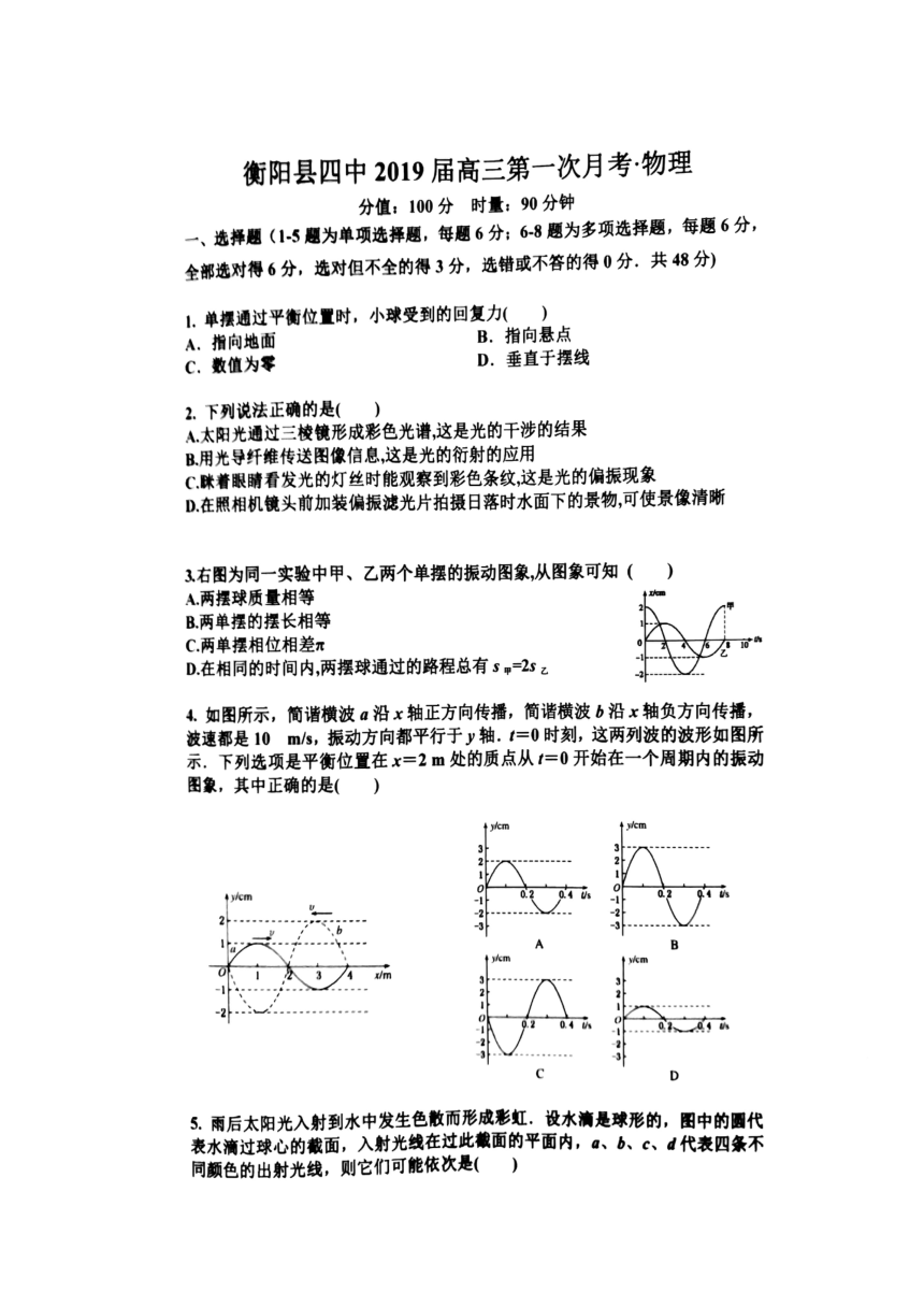 湖南省衡阳县第四中学2019届高三9月月考物理试题 扫描版含答案
