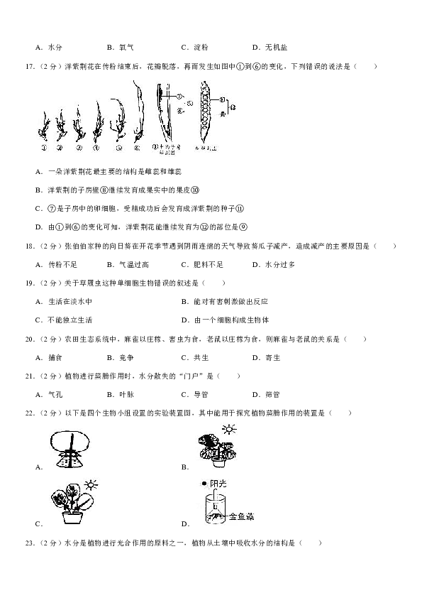 2019-2020学年广西柳州市七年级（上）期末生物试卷（含答案）