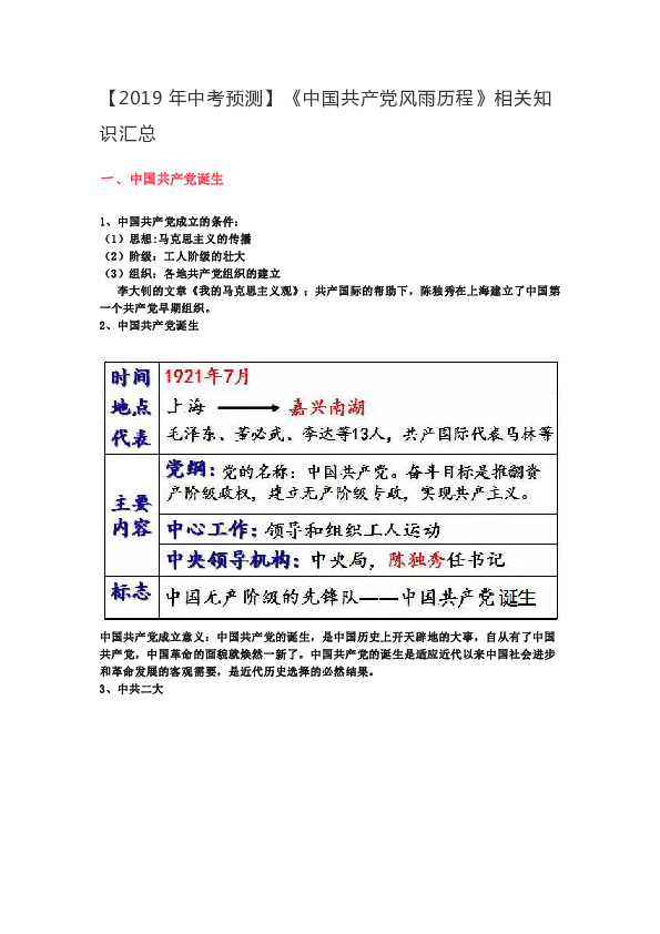 【2019年中考预测】中国共产党风雨历程知识汇总及专题测试（含答案）