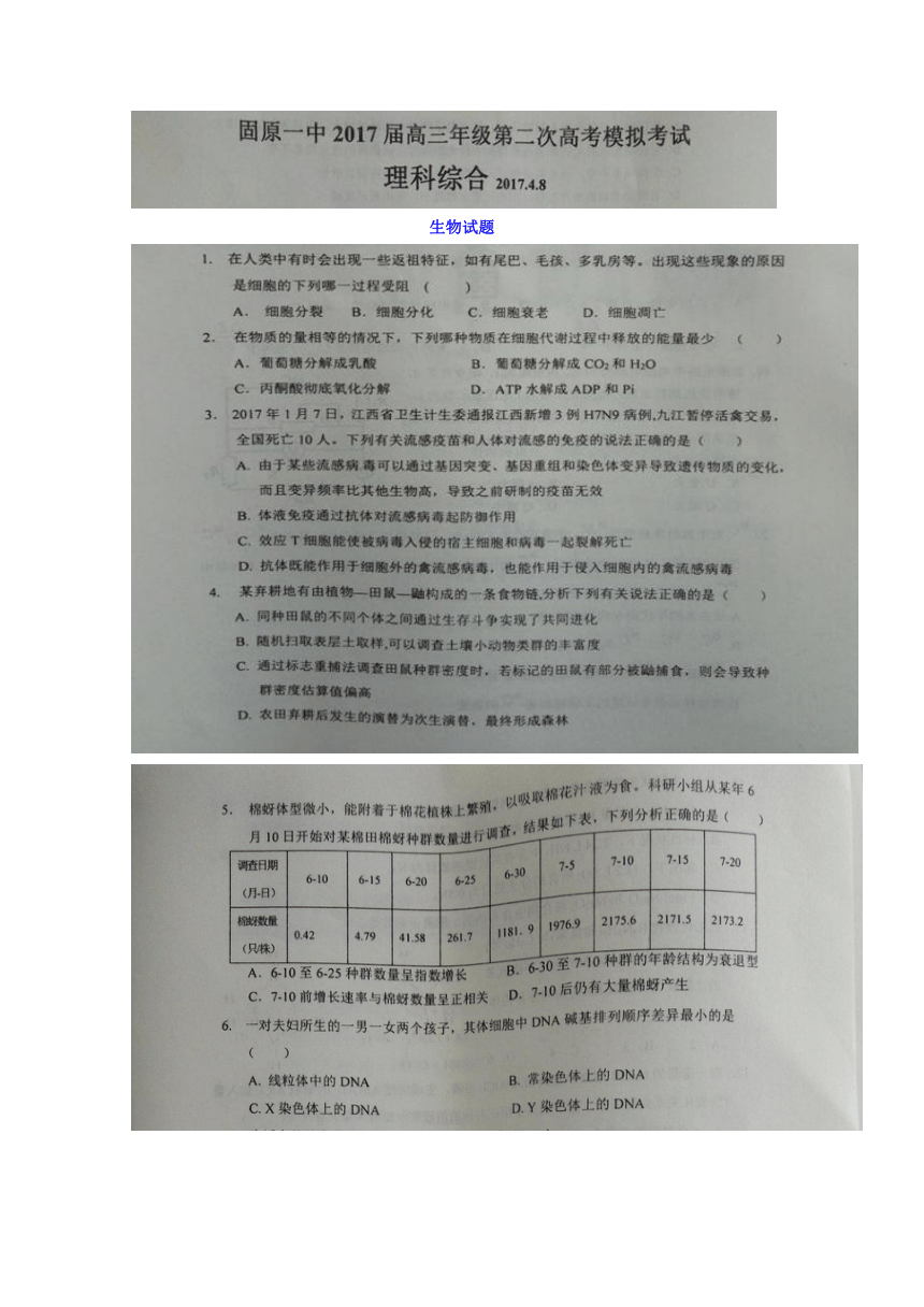 宁夏固原市第一中学2017届高三下学期第二次模拟考试理综-生物试题 扫描版含答案