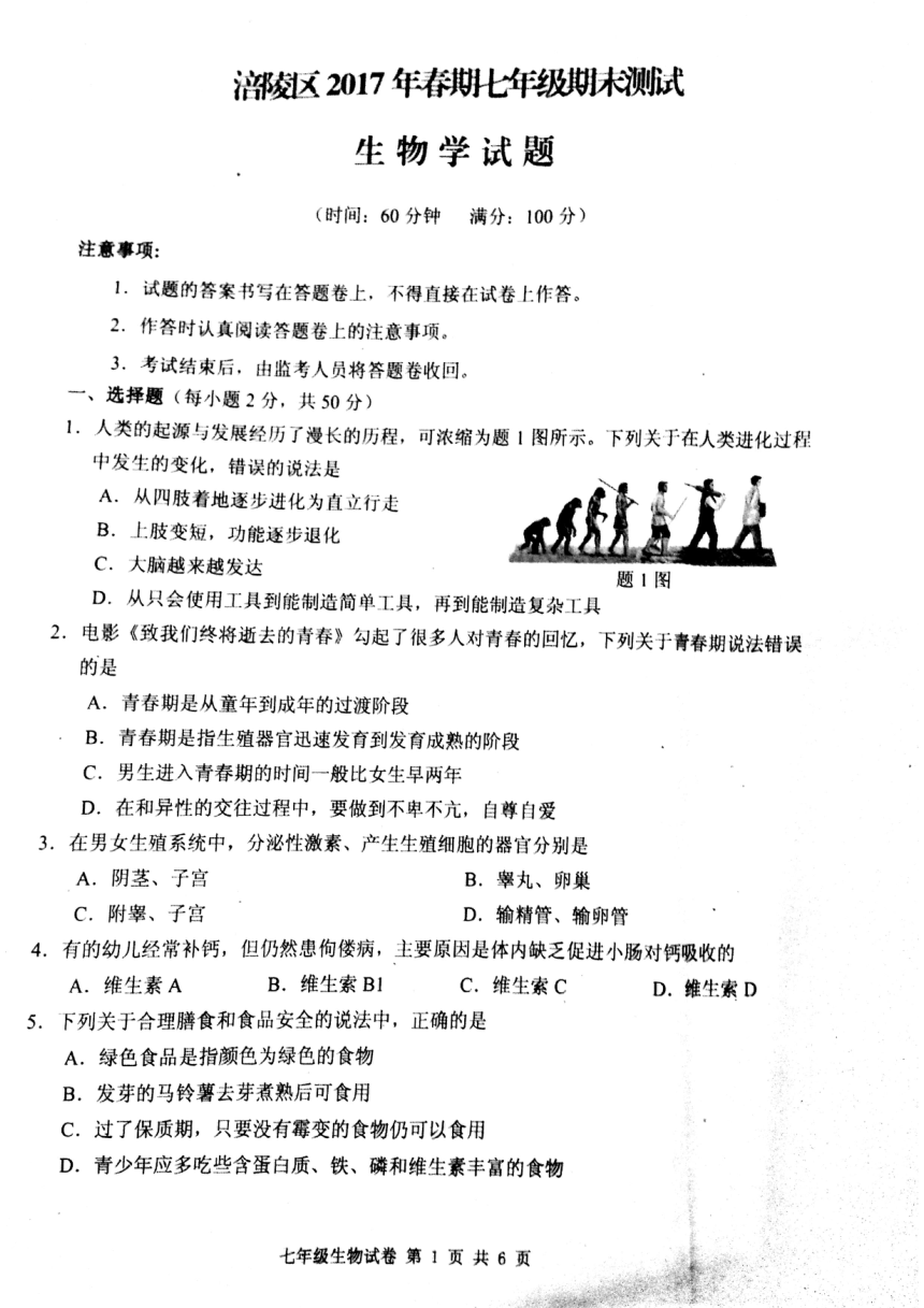重庆市涪陵区2016-2017学年七年级下学期期末考试生物试题（PDF版，含答案）