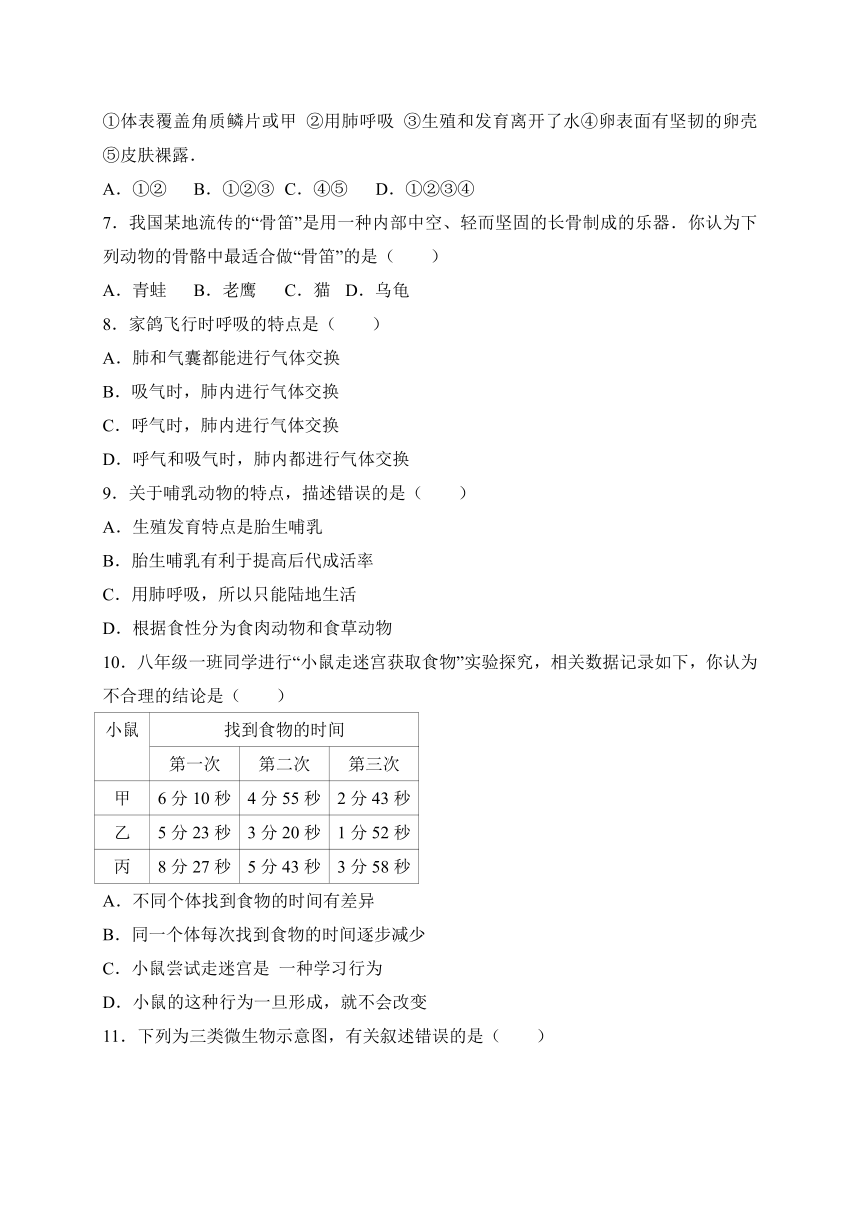 山东省临沂市兰陵县2017-2018学年八年级上学期期末考试生物试卷（WORD版）