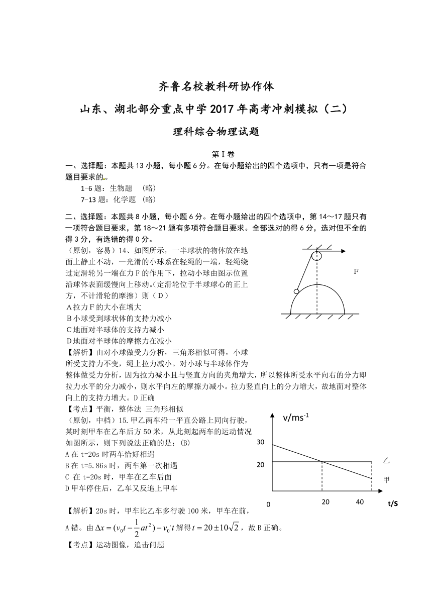 齐鲁名校教科研协作体山东省、湖北省部分重点中学2017届高三下学期高考冲刺模拟（二）物理试题