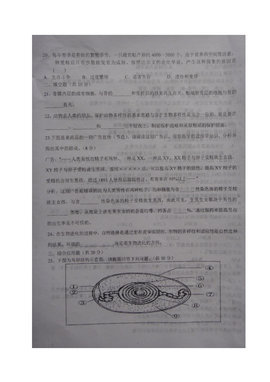 河南省商丘市柘城中学2017-2018学年八年级上学期竞赛模拟考试生物试题（图片版）