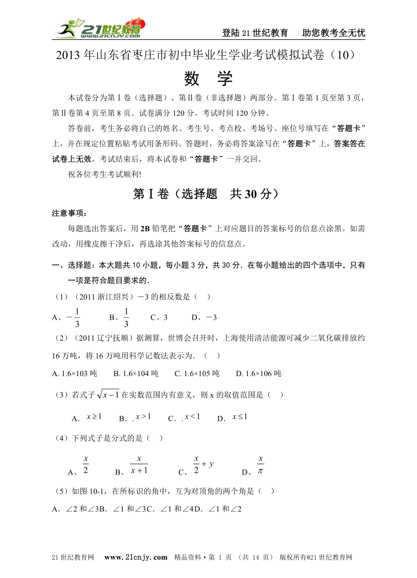 2013年山东省枣庄市初中毕业生学业考试数学模拟试卷（10）