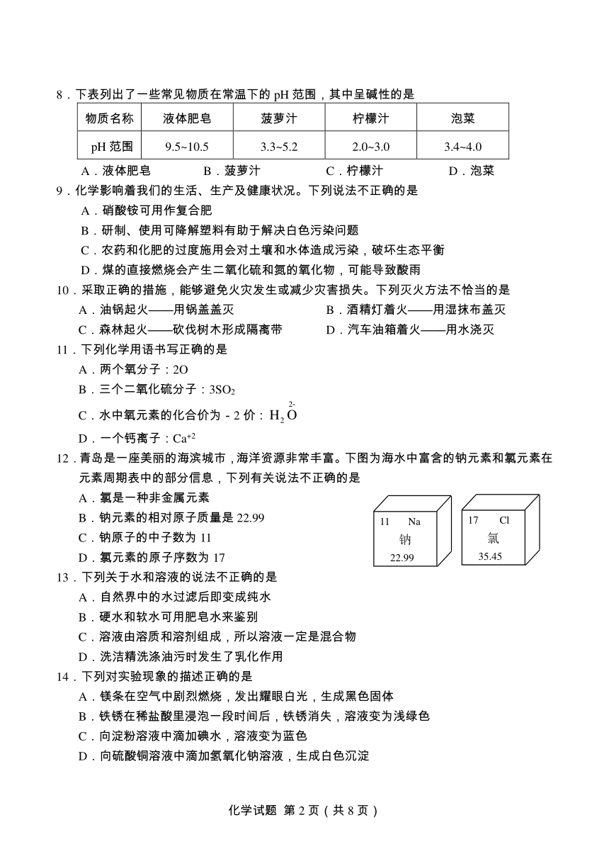 2016年山东省青岛市初中学业水平考试考试化学试题（PDF版，无答案）