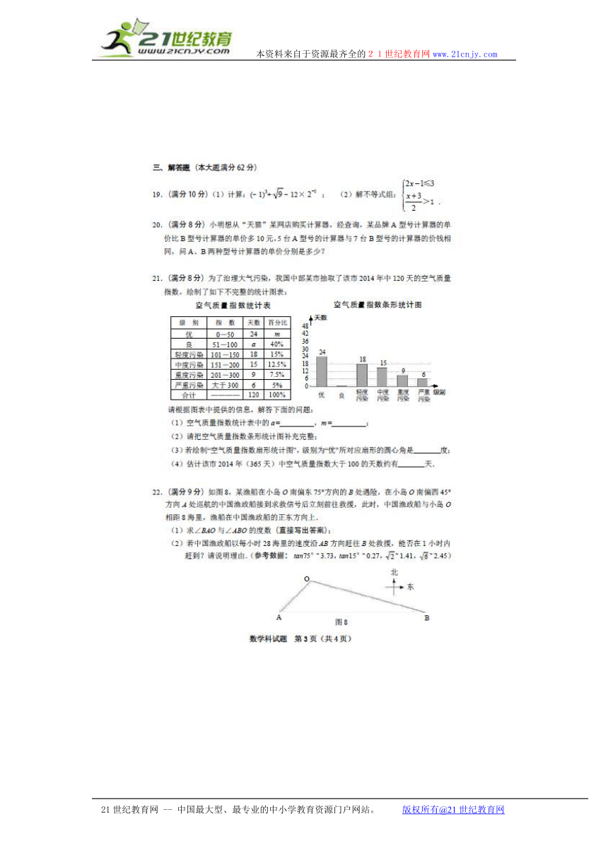 海南省2015年中考数学试题及答案（扫描版，含答案）
