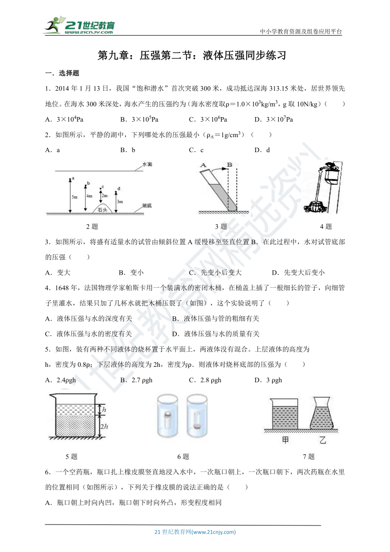 人教版 八年级物理下册 第九章 压强 第二节 液体压强同步练习（全解全析）