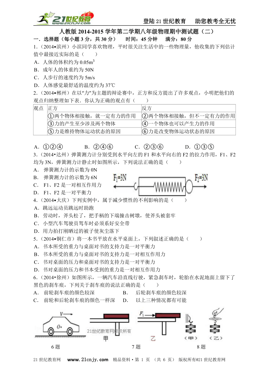 2014-2015学年人教版八下物理期中测试题（二）