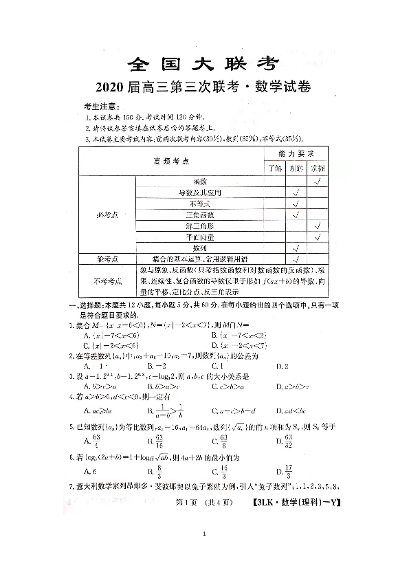 湖南省邵阳县德望中学2020届高三第三次月考理科数学试题（扫描版）