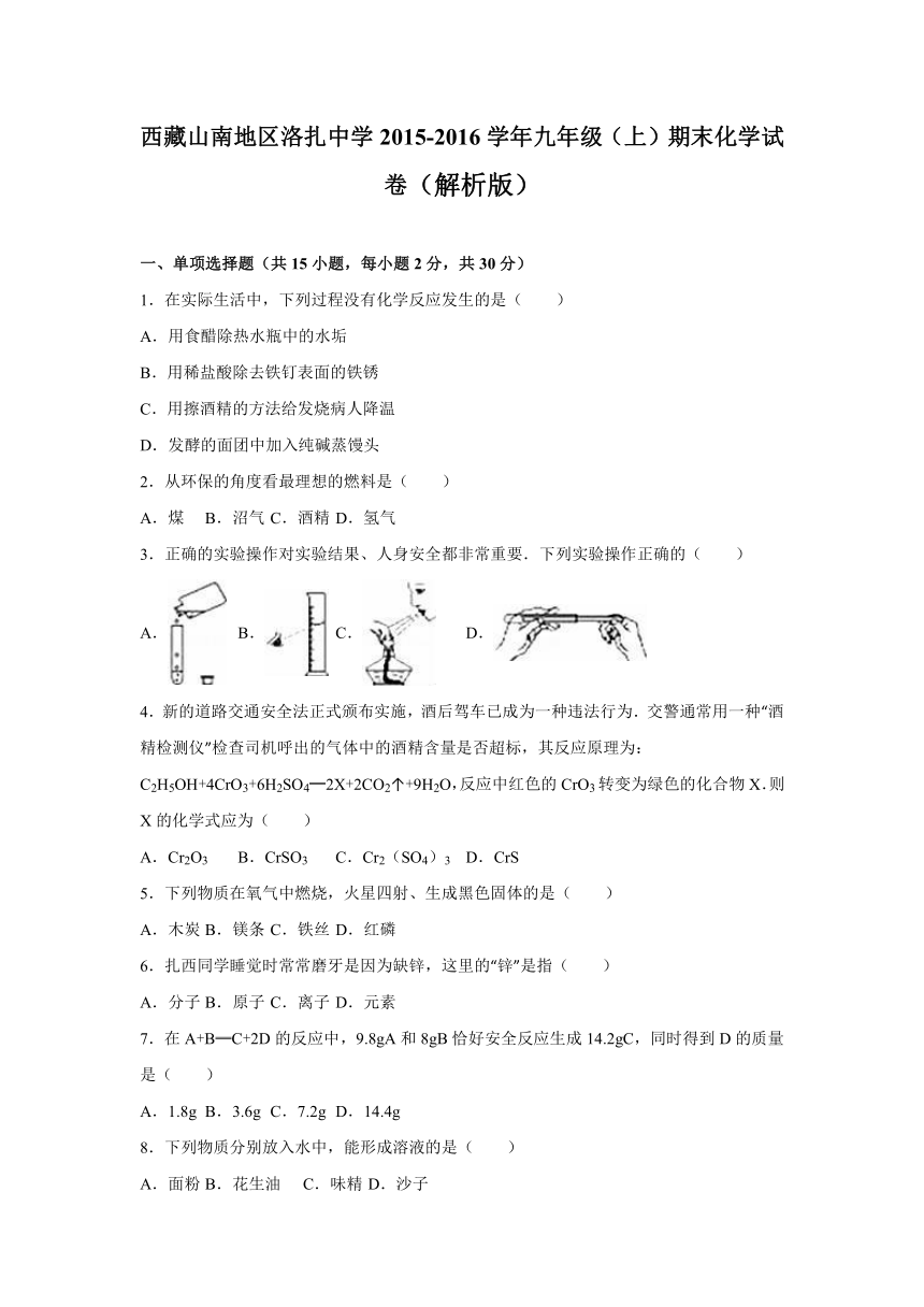 西藏山南地区洛扎中学2015-2016学年九年级（上）期末化学试卷（解析版）