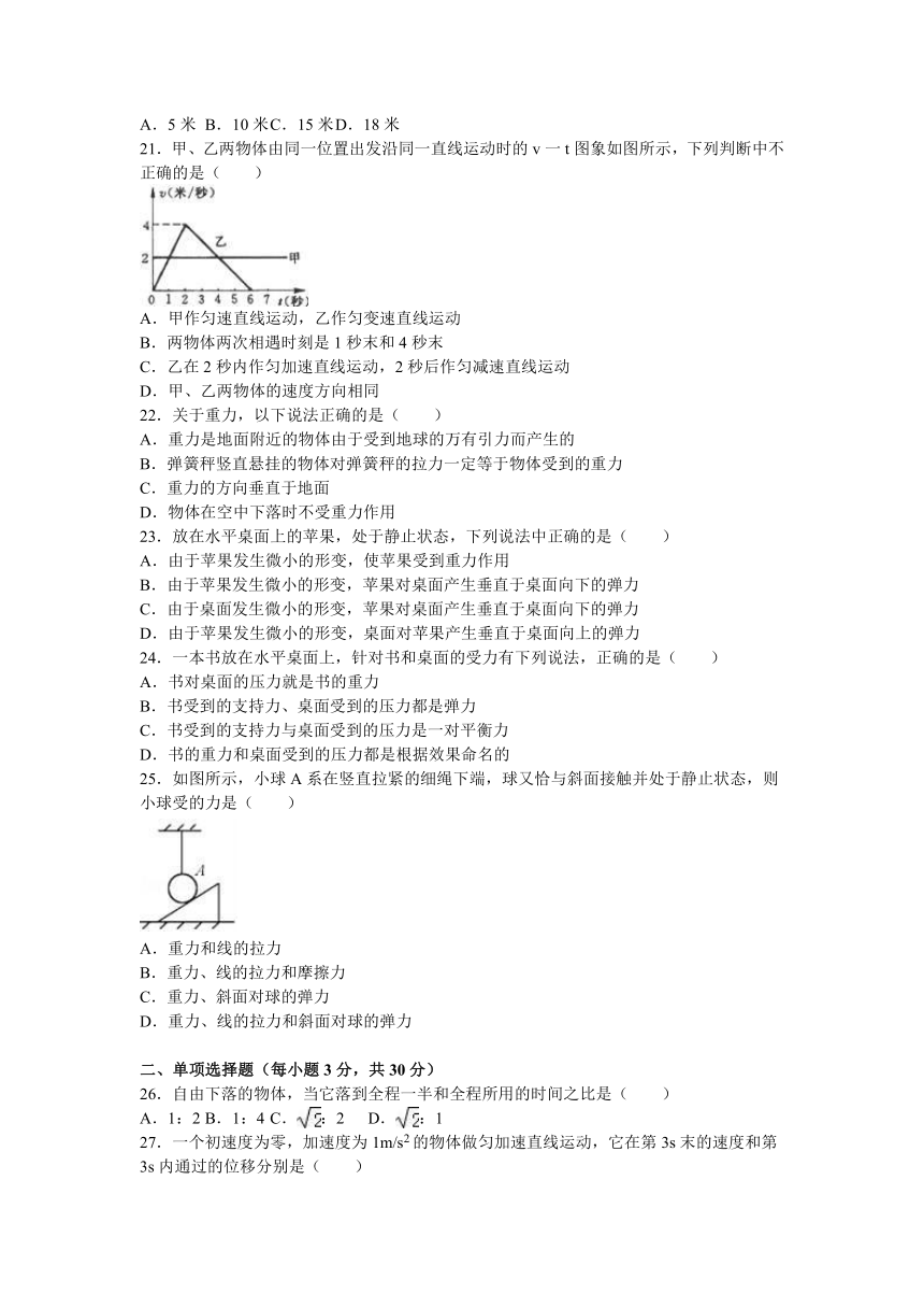 上海市杨思中学2016-2017学年高一（上）期中物理试卷（解析版）