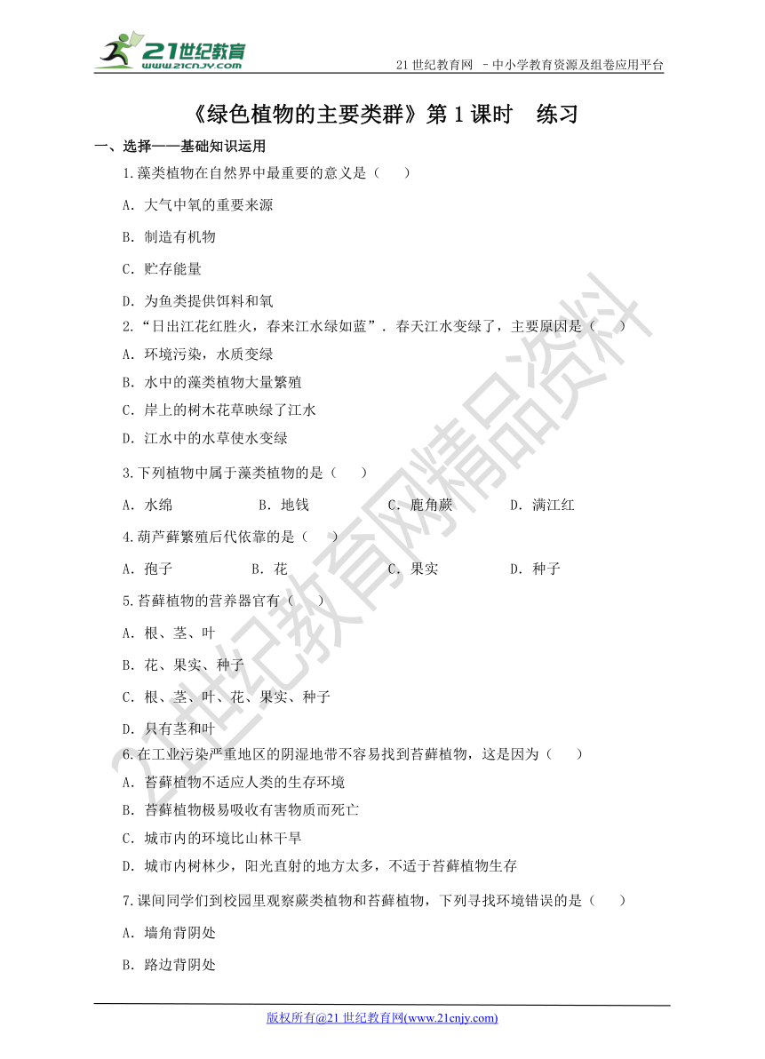 第一节 《绿色植物的主要类群》第1课时 同步练习