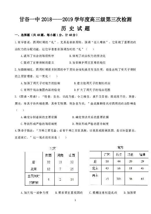 甘肃省甘谷一中2019届高三上学期第三次检测历史试题 Word版含答案