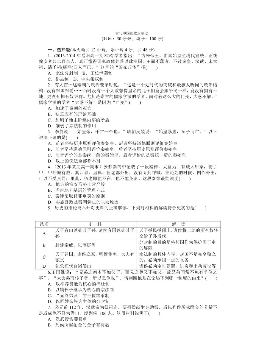 第1单元 古代中国的政治制度 单元训练（人教版必修1）