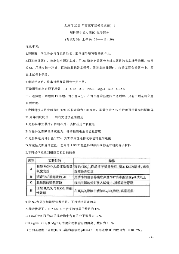 山西省太原市2020届高三年级模拟（一） 化学