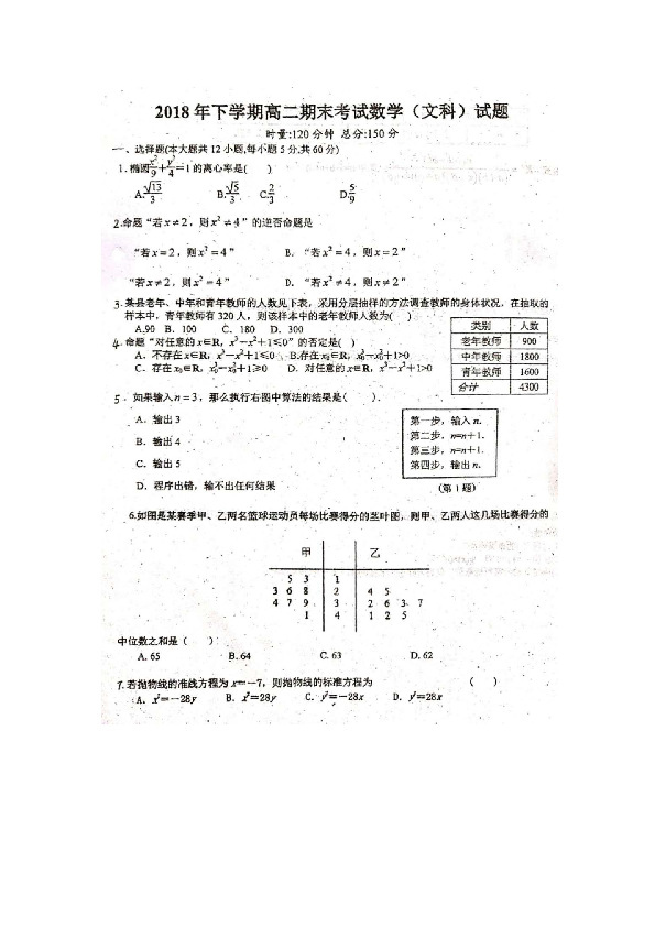 湖南省邵阳县石齐学校2018年下学期高二（上）数学试题（文科）（扫描版）