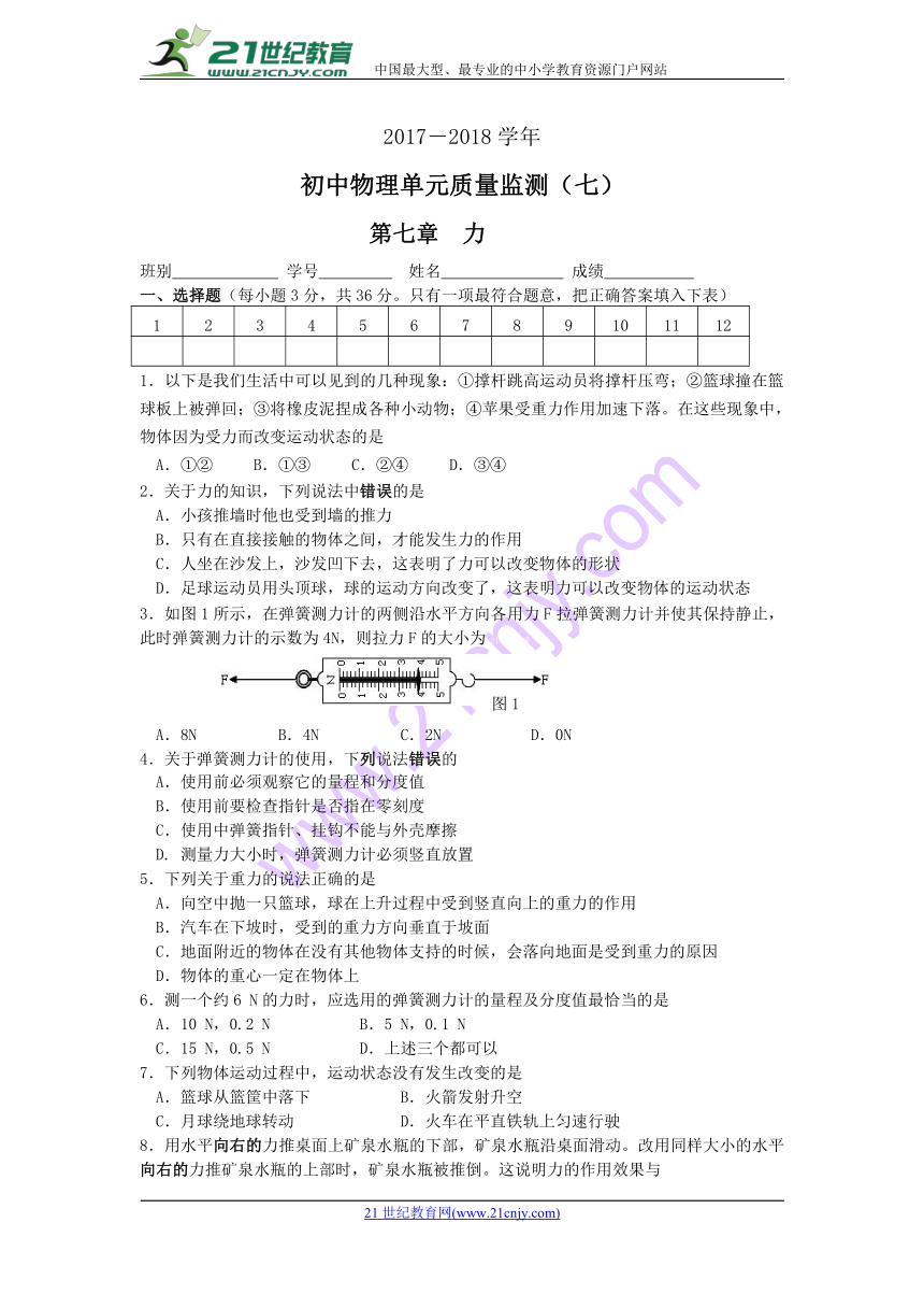 人教版八年级下册第七章《力》测试题和参考答案