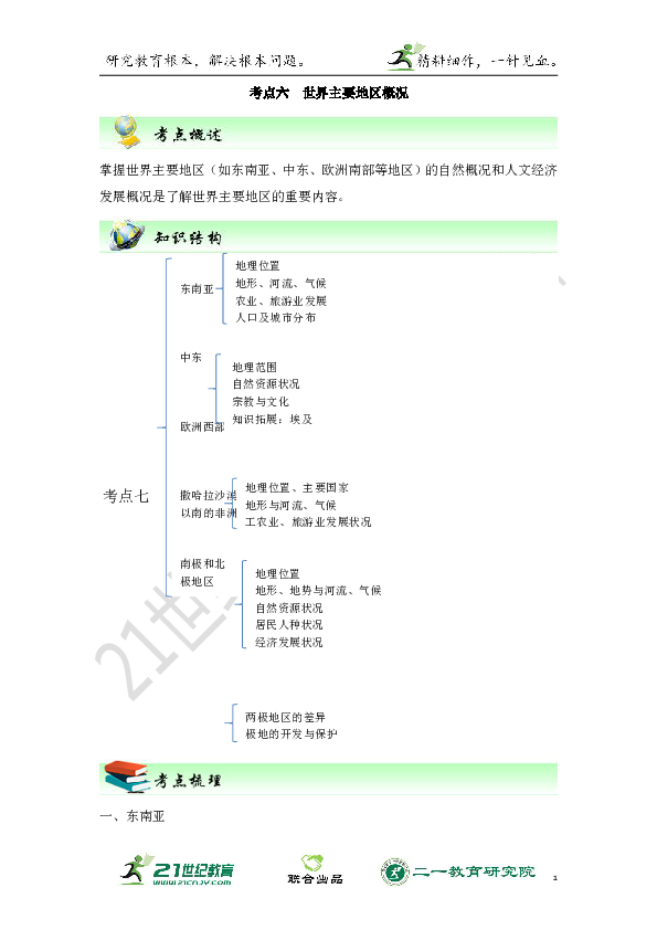 【会考复习】地理一轮复习学案  考点6 世界主要地区（原卷版+解析版）