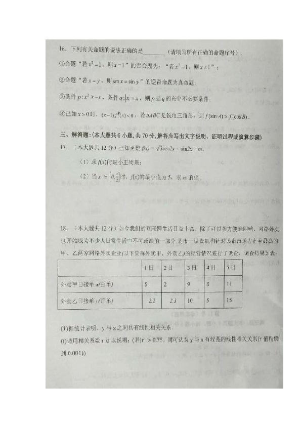 宁夏石嘴山市三中2019届高三上学期期末考试数学（文）试题 扫描版含答案