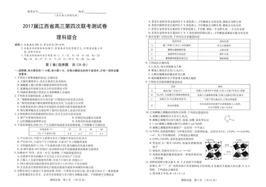 江西省2017届高三第四次联考测试理科综合试题 扫描版含答案