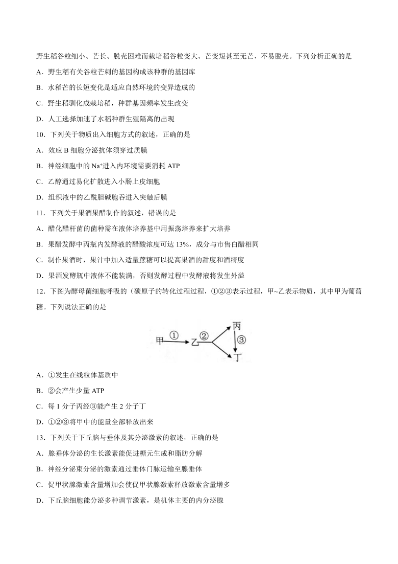 浙江省“七彩阳光”新高考研究联盟2021届高三上学期返校联考生物试题