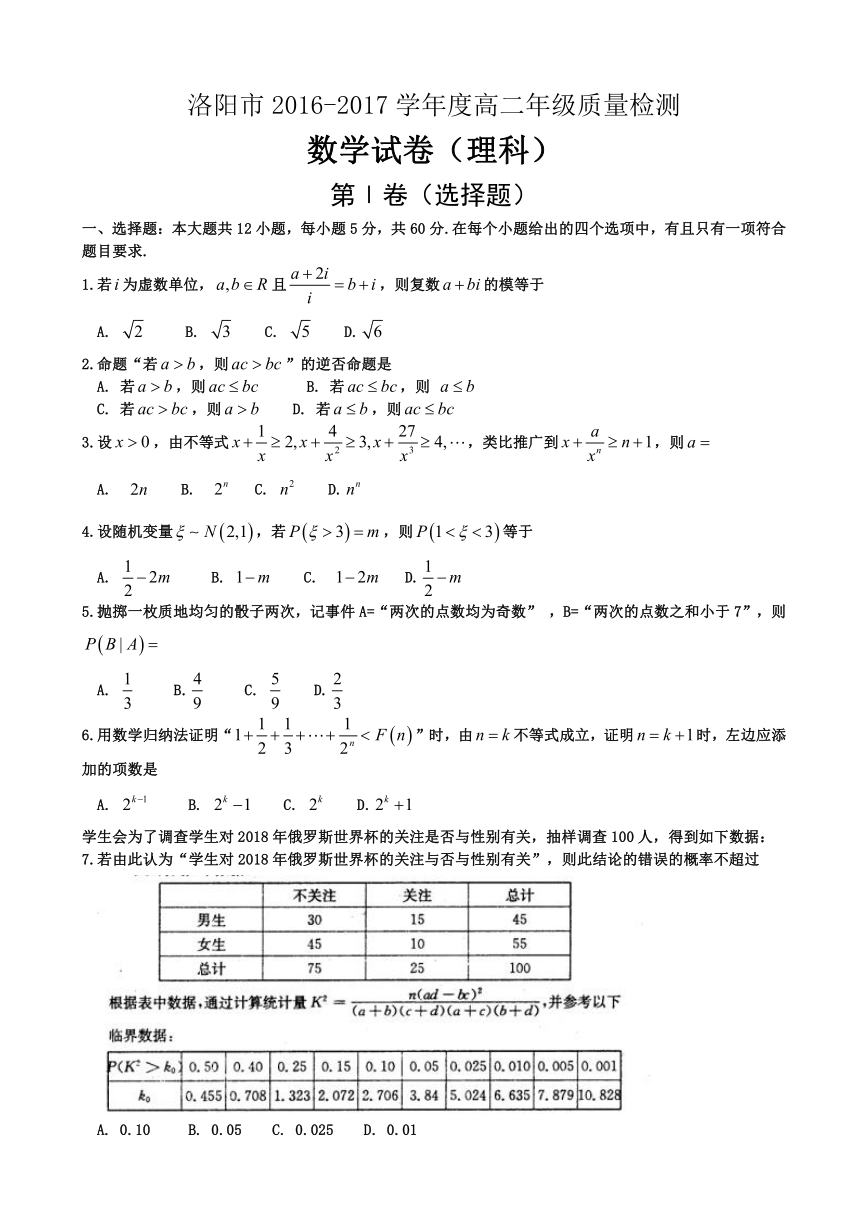 河南省洛阳市2016-2017学年高二下学期期末质量检测（6月） 数学（理） Word版含答案