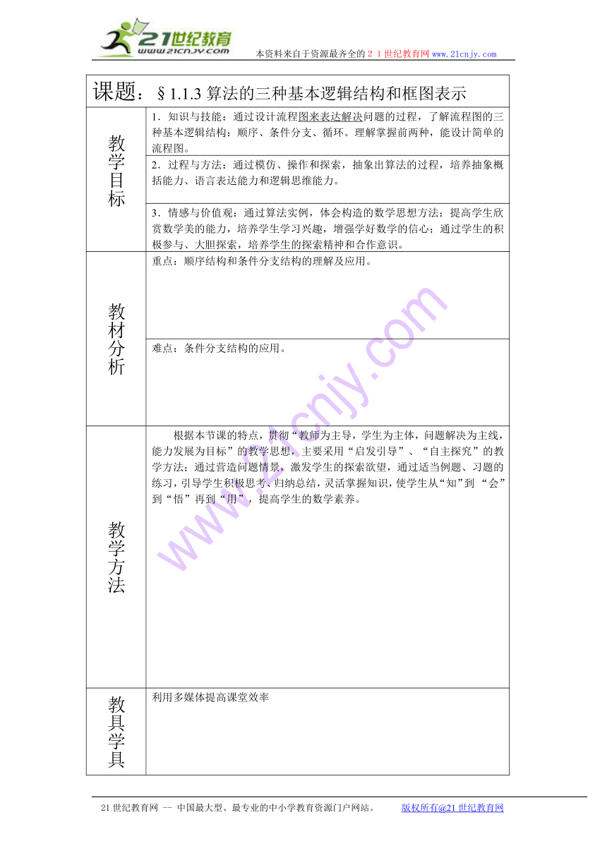 1.1.2 算法的三种基本逻辑结构和框图表示 教案（第3课时）