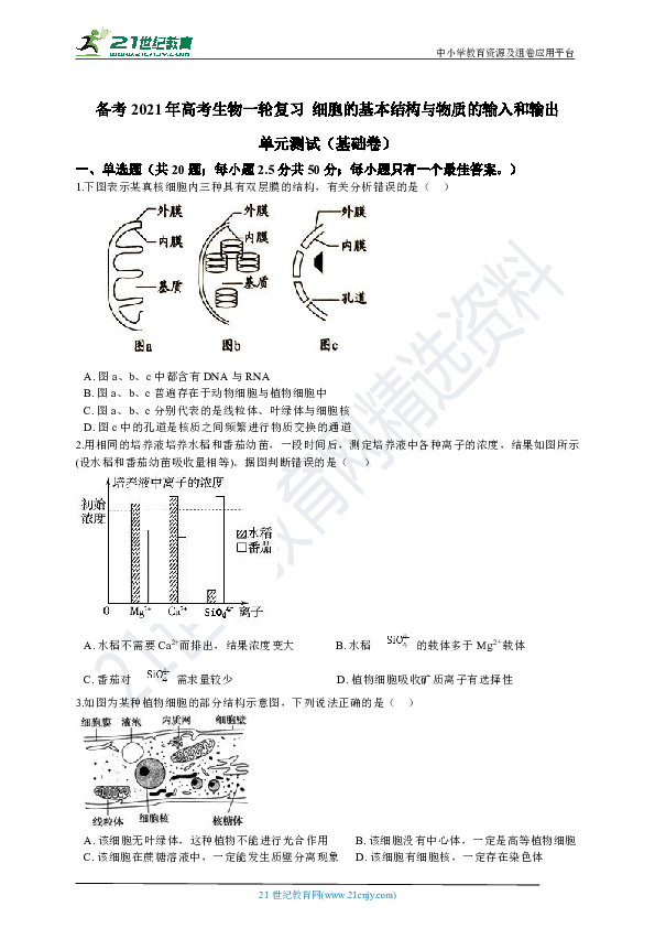 备考2021年高考生物一轮复习 细胞的基本结构与物质的输入和输出 单元测试（基础卷）(含解析)