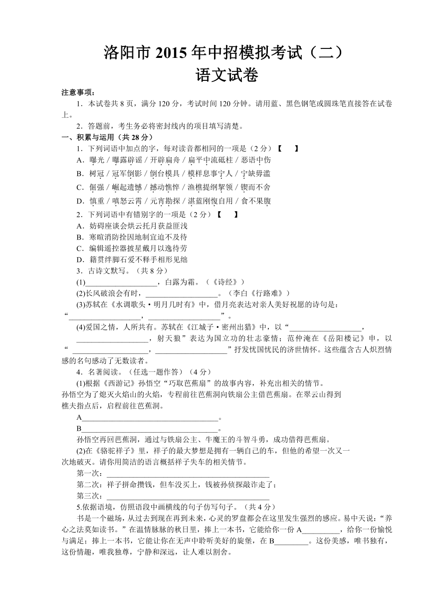 河南省洛阳市2015年中招模拟考试（二）语文试题