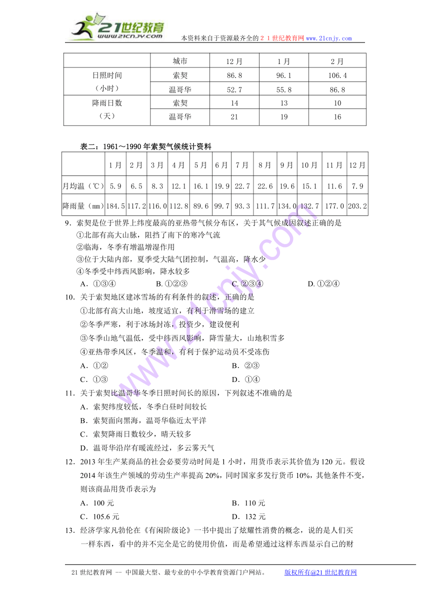 内蒙古鄂尔多斯市2014届高三下学期模拟考试文综试题