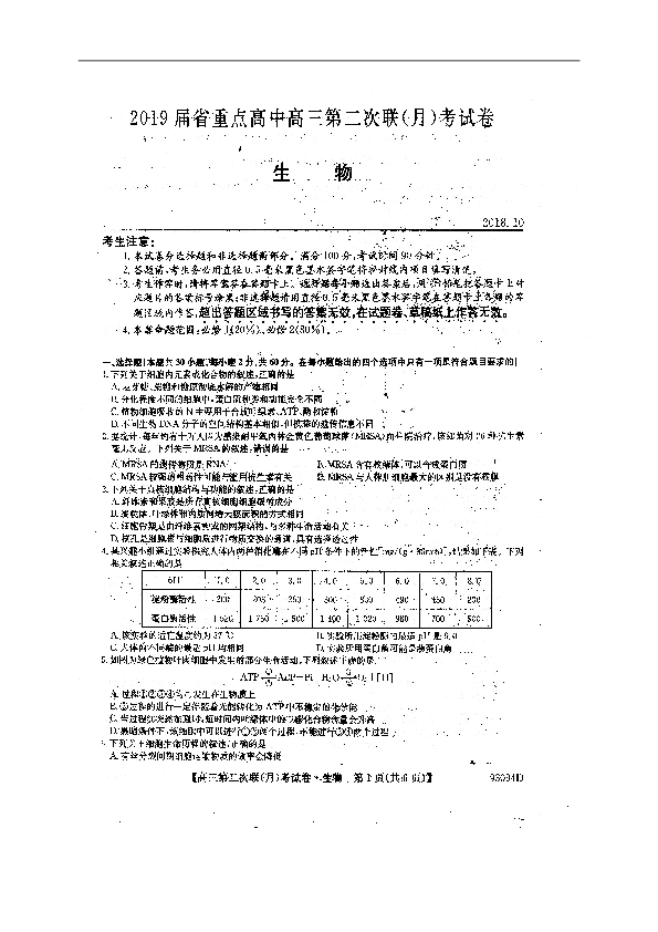 吉林省重点中学2019届高三第二次联（月）考生物试题（图片版，含答案）