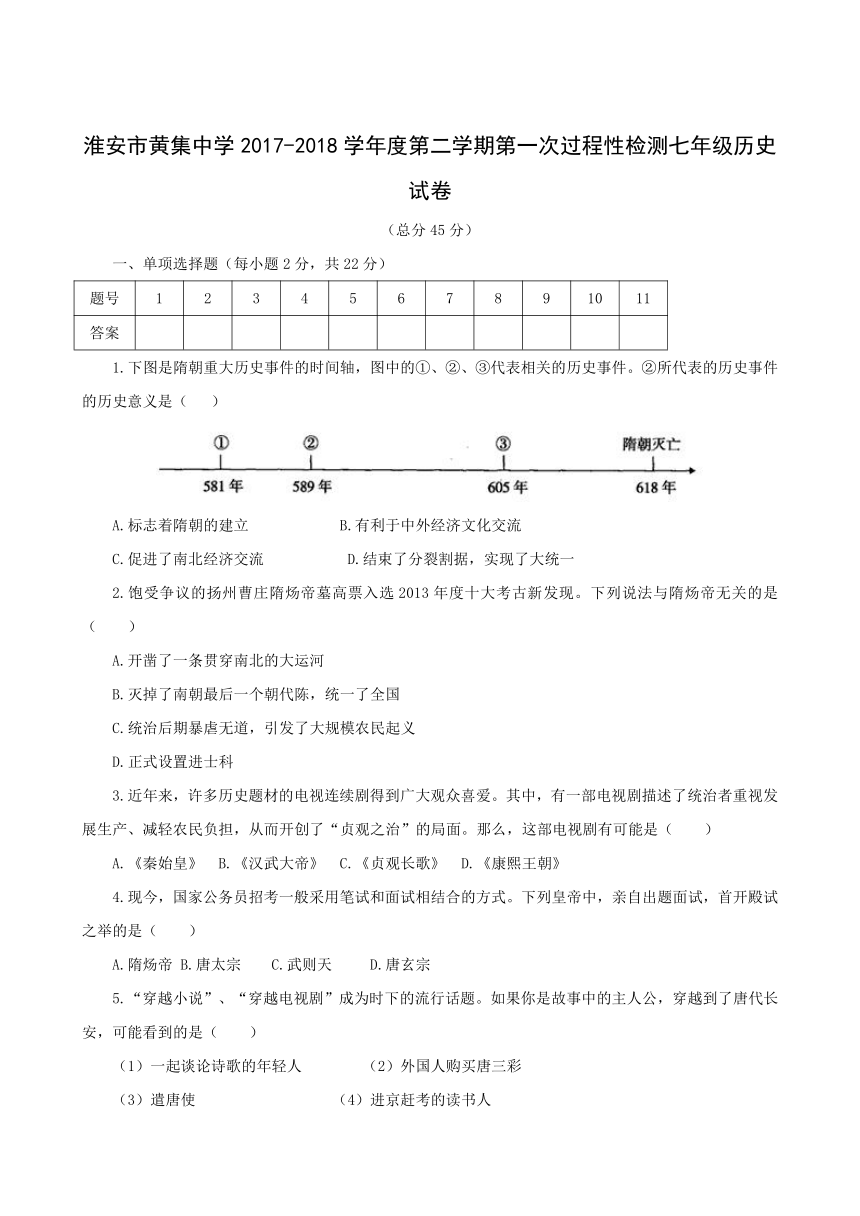 江苏省洪泽县黄集中学2017-2018学年七年级下学期第一次月考历史试题