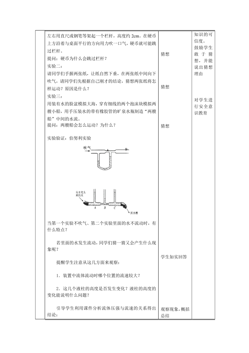 人教版物理八年级下册9.4流体压强与流速的关系 教学设计