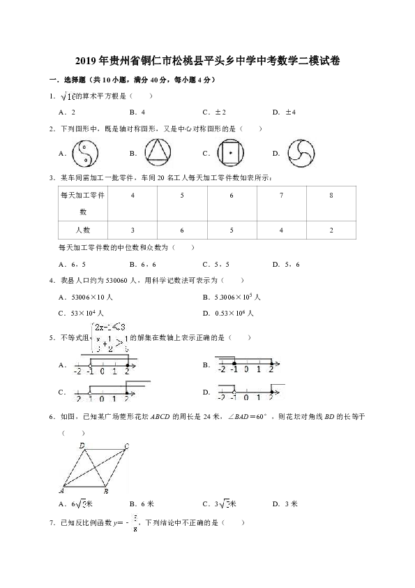 2019年贵州省铜仁市松桃县平头乡中学中考数学二模试卷解析版