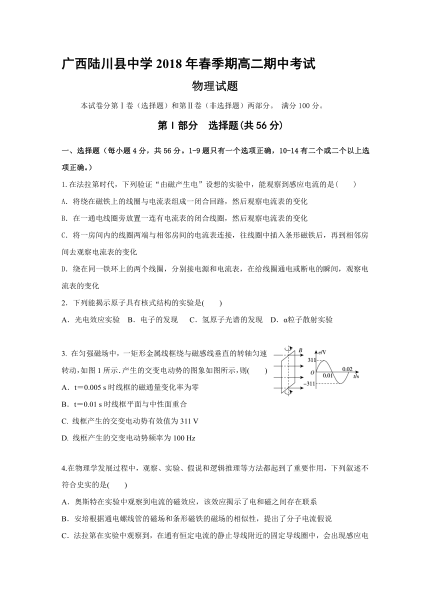 广西陆川县中学2017-2018学年高二下学期期中考试物理试题