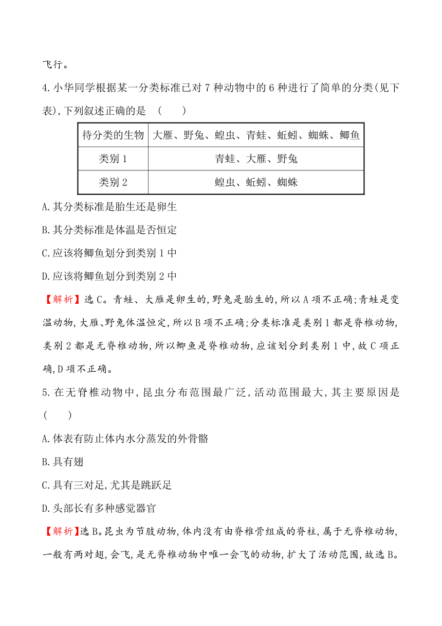 2018中考生物专题练习：动物的主要类群