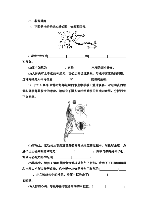 人教版七年级生物下册第四单元第六章第2节　神经系统的组成同步练习（word版含答案)