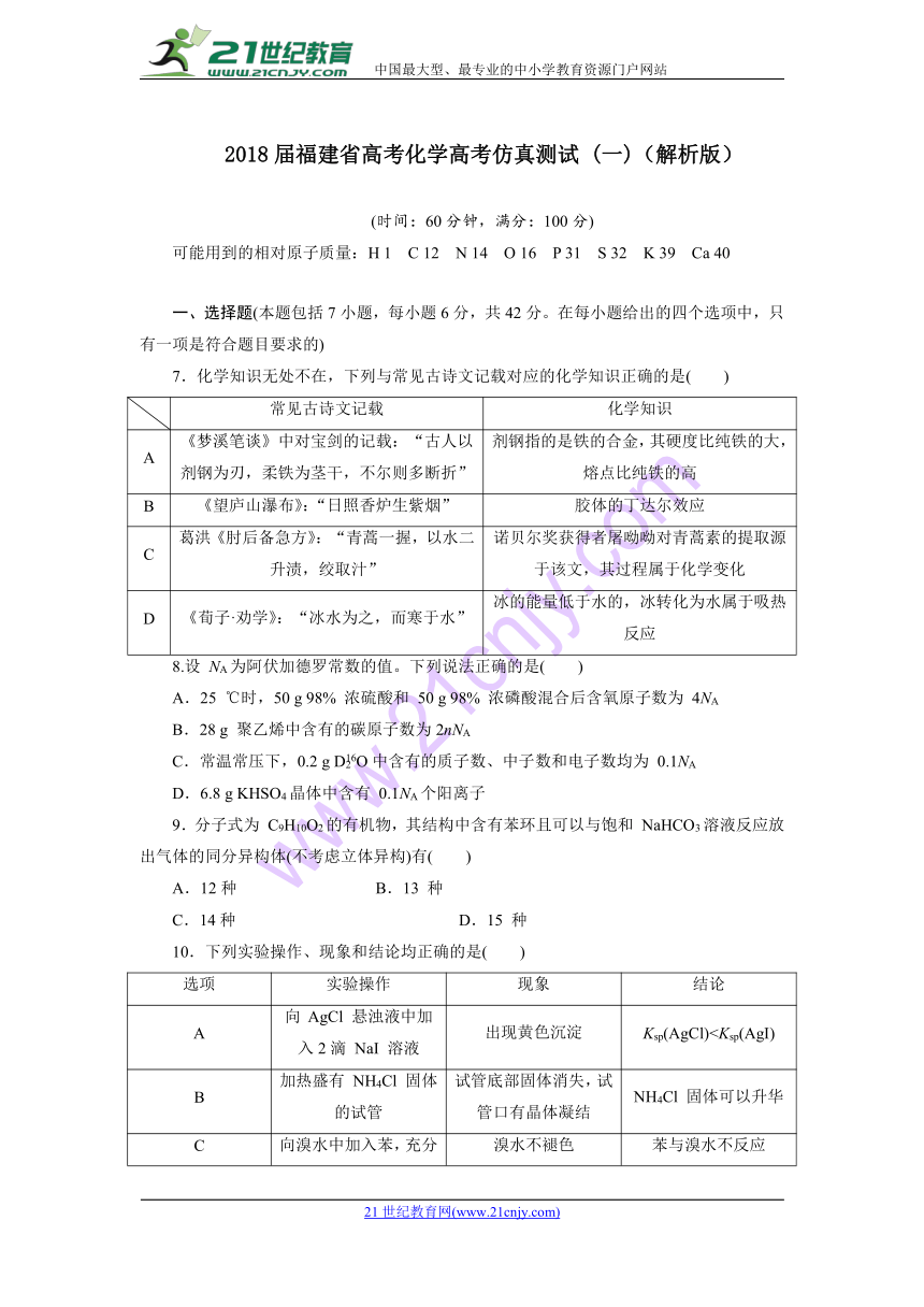 2018届福建省高考化学高考仿真测试 (一)（解析版）