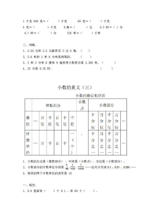 北师大版小学四年级下册数学各单元复习题（无答案）