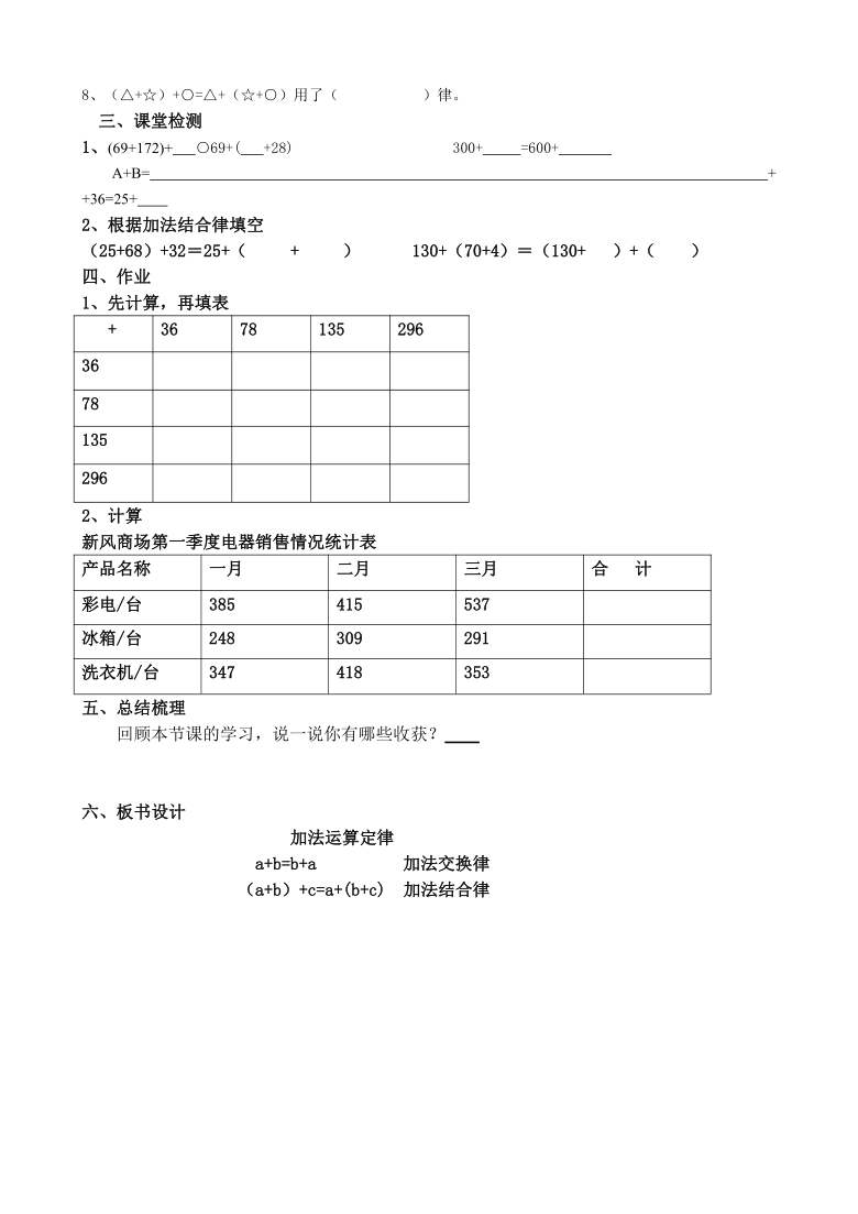 人教版四年级下册数学3.1加法运算定律 导学案（无答案）