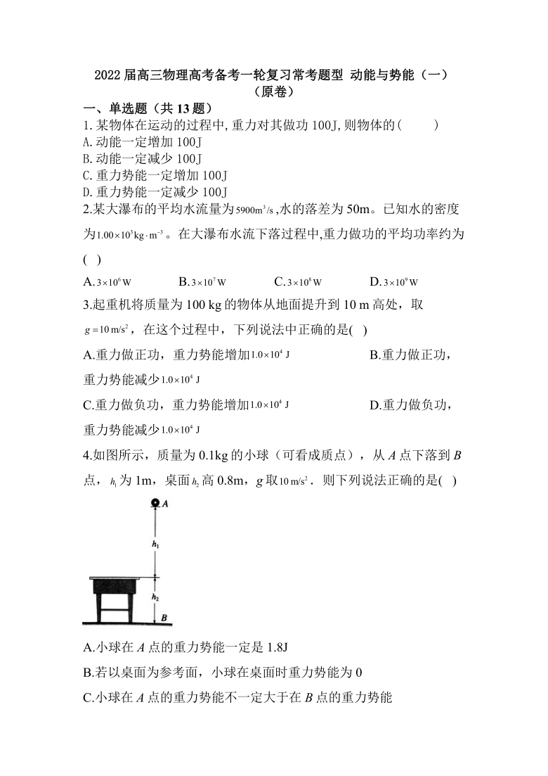 2022届高三物理高考备考一轮复习常考题型动能与势能一word含答案