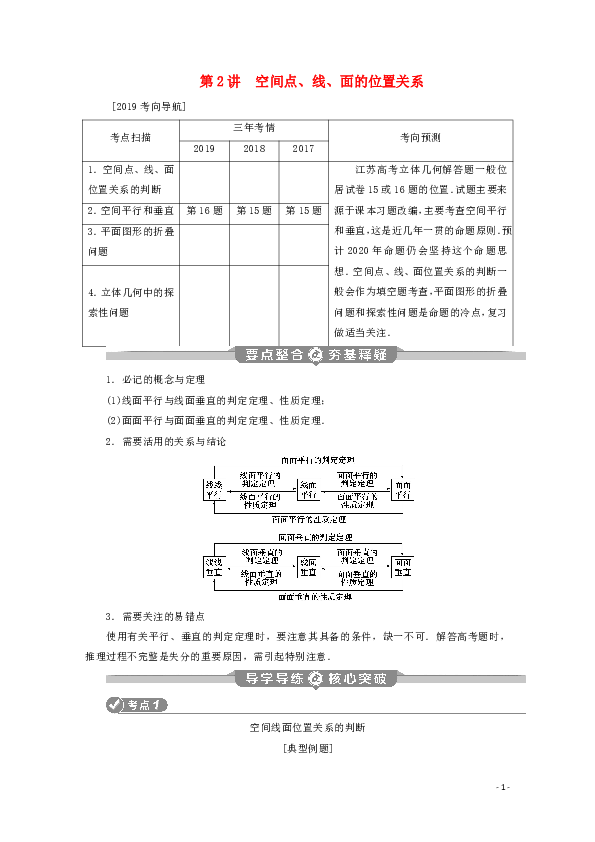 （江苏专用）2020版高考数学二轮复习专题四立体几何第2讲空间点、线、面的位置关系学案文苏教版