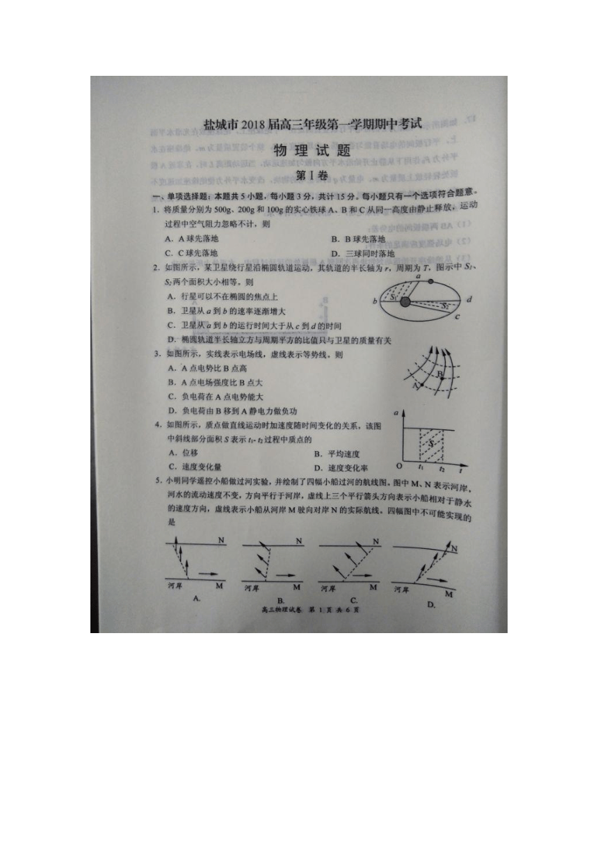 江苏省盐城市2018届高三年级第一学期物理期中考试试卷（图片无答案）