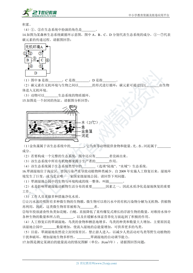 北京版2021初中生物八年级下册14.3生态系统 同步训练（含解析）